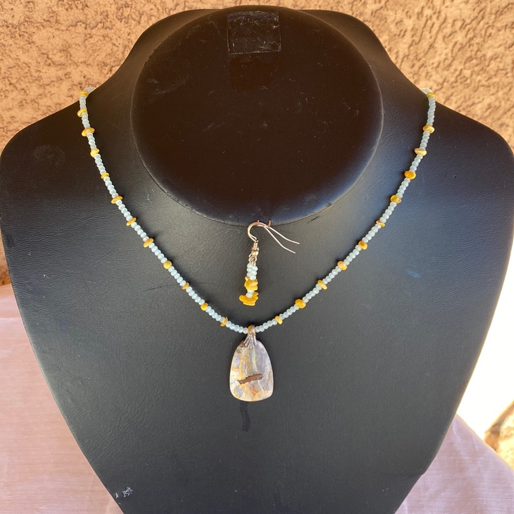 Australian opal pendant with Swarovski crystals and Buttermilk Amber chip set